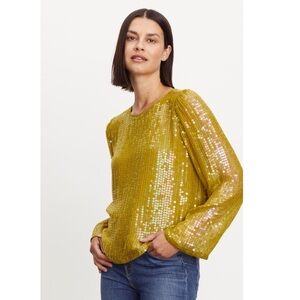 Anthropologie Velvet by Graham & Spencer Evie Sequin Top Aurora Green Size XS